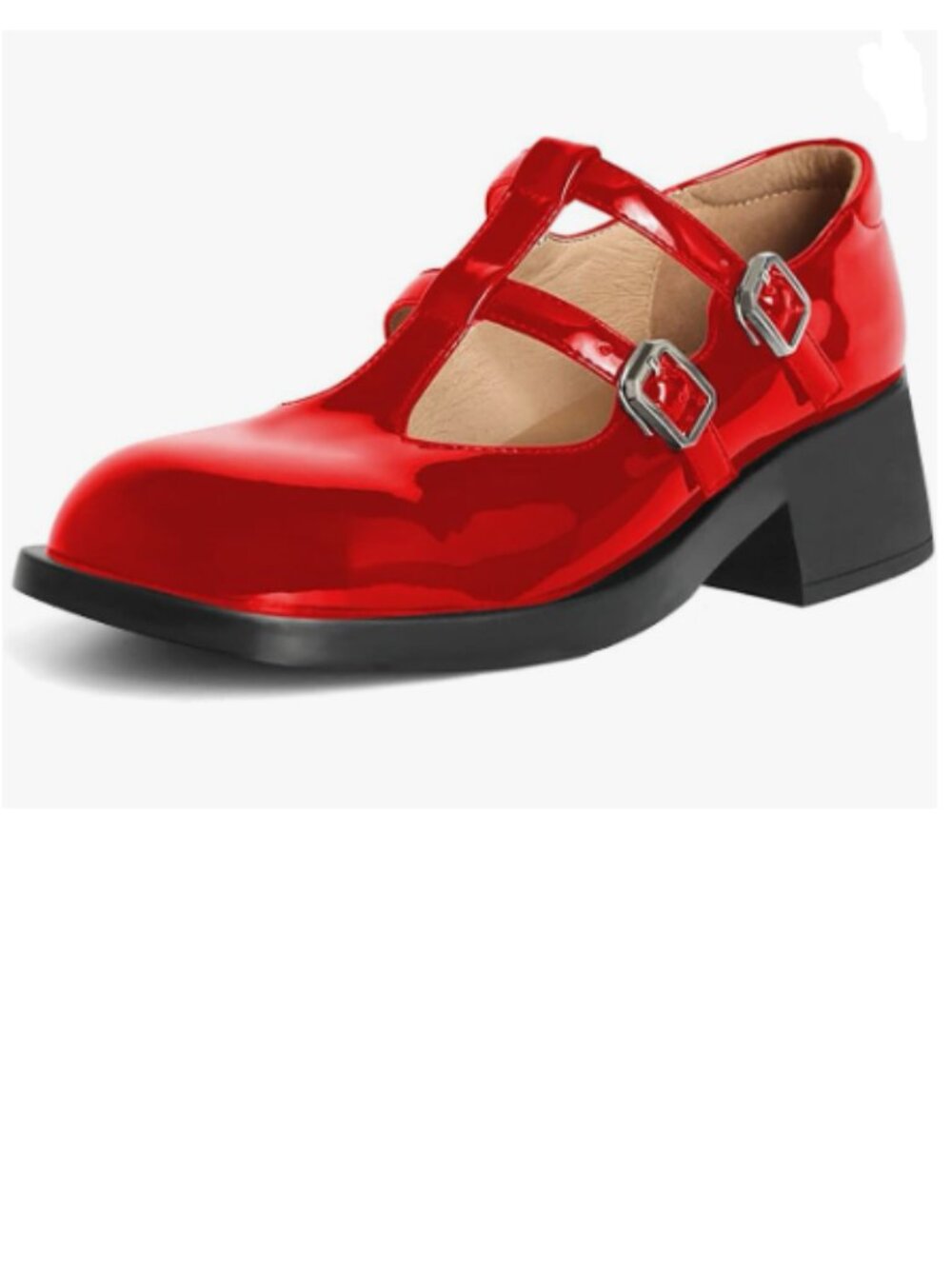 YDN Red Square Toe Platform Mary Janes Chunky Low Heel Double Straps Cutout Pump